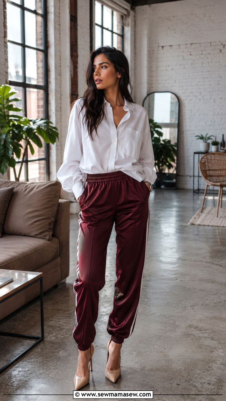 Track Pants with Button Down Shirt and Heels - 30 track pants outfit ideas for women