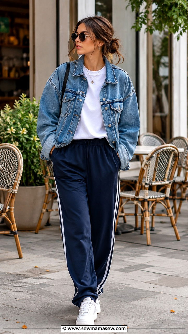 Track Pants with Denim Jacket and White Tee - 30 track pants outfit ideas for women