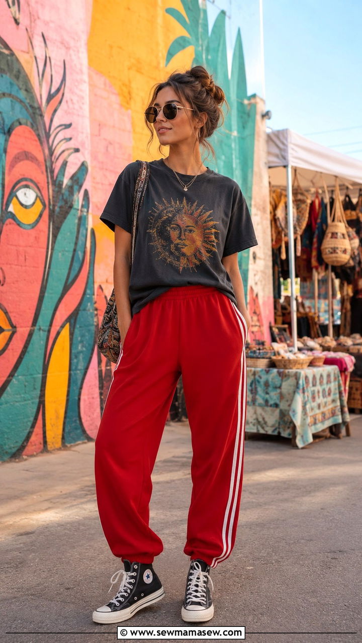 Track Pants with Graphic Tee and High Top Sneakers - 30 track pants outfit ideas for women