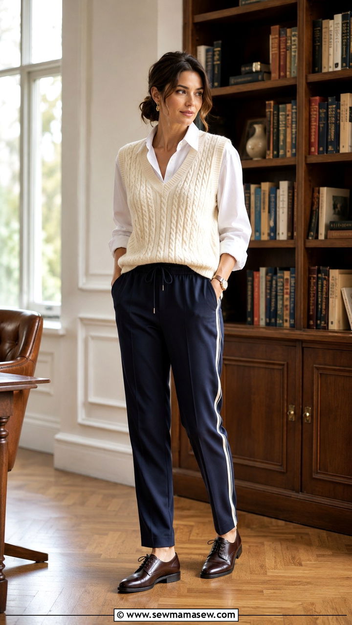 Track Pants with Sweater Vest and Oxford Shoes - 30 track pants outfit ideas for women
