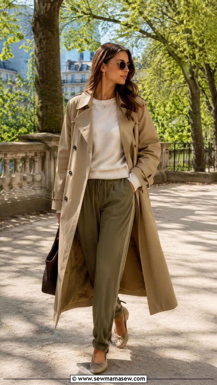 Track Pants with Trench Coat and Ballet Flats - 30 track pants outfit ideas for women
