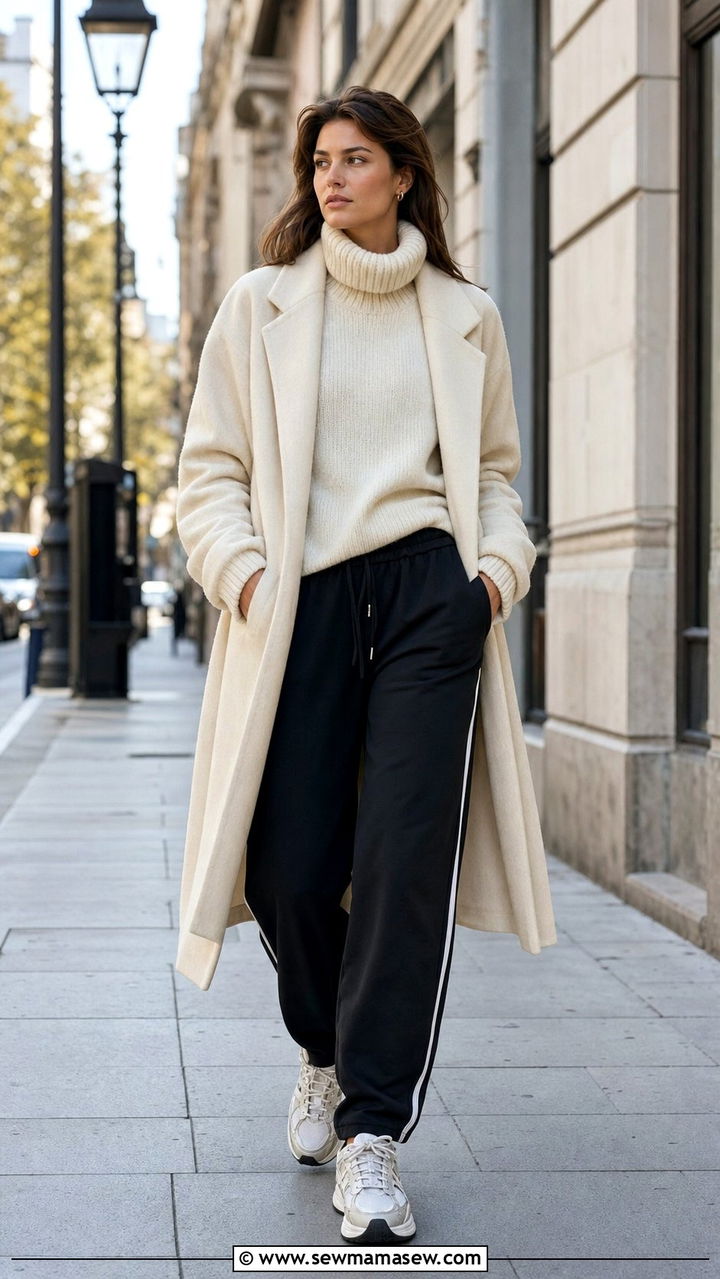 Track Pants with Wool Sweater and Long Coat - 25 Early March outfit ideas