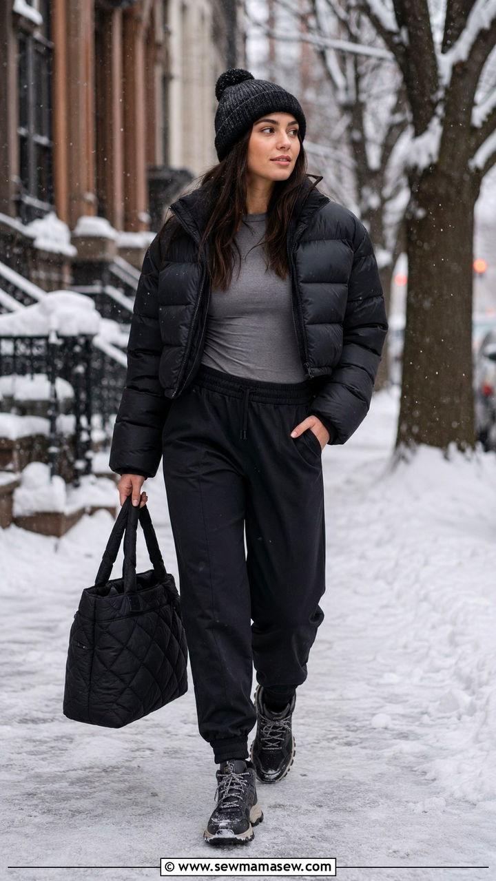 Track Pants with a Cropped Puffer Jacket - 30 how to style track pants