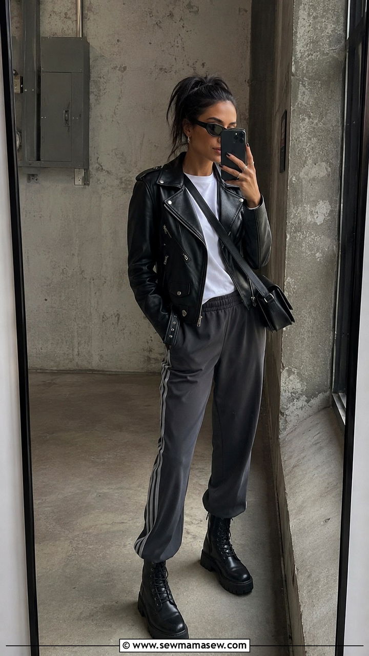 Track Pants with a Leather Jacket - 30 how to style track pants