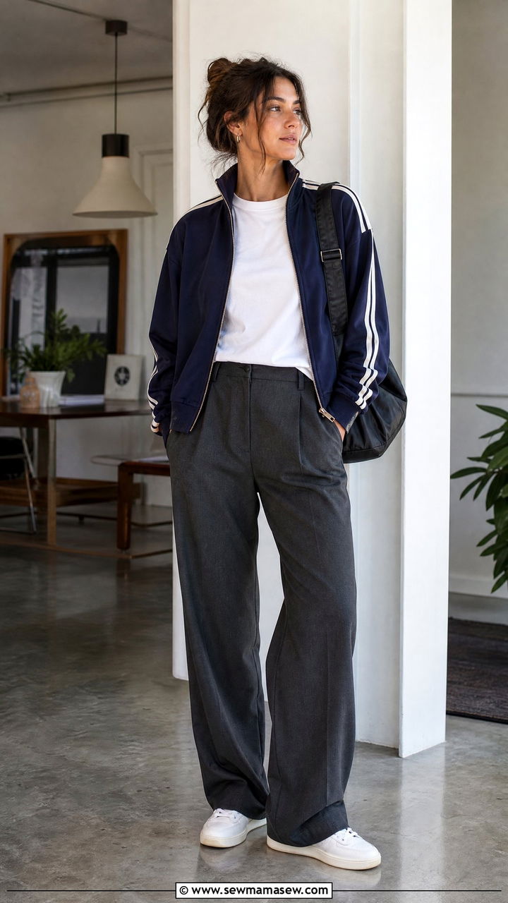 Track jacket with tailored trousers outfit - 30 jacket outfits 2026