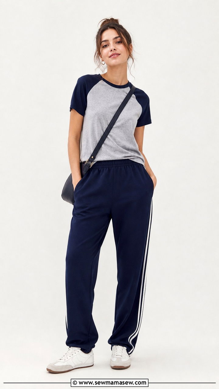 Track pants with a raglan tee and retro trainers - 40 spring casual outfit ideas