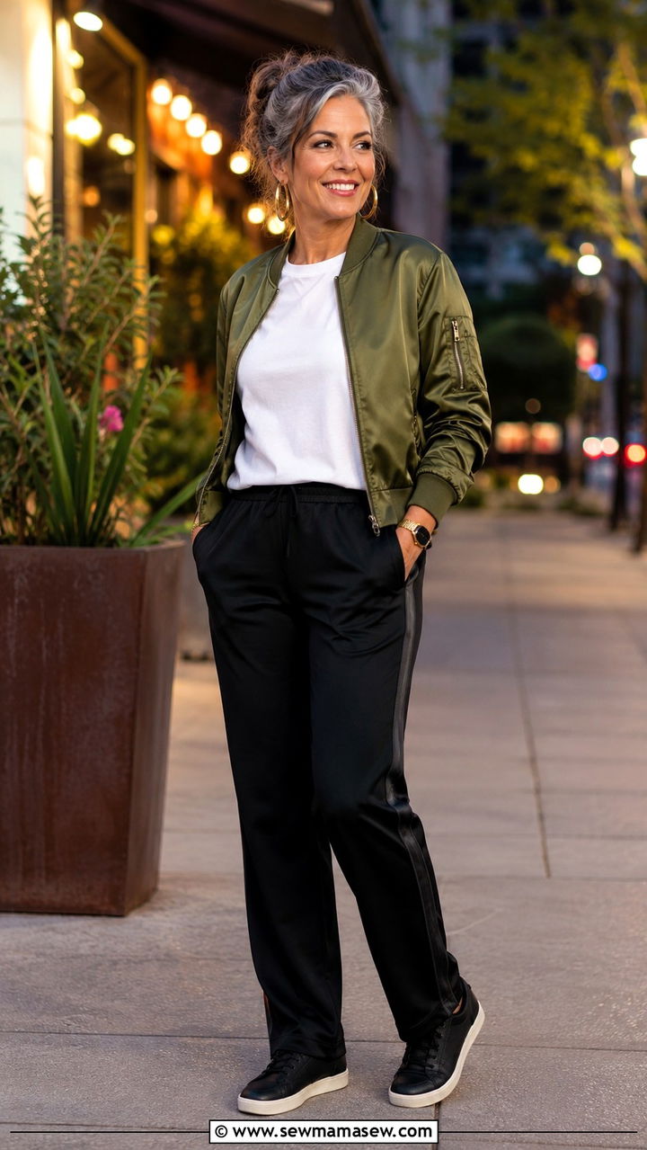 Track pants with bomber jacket outfit over 50 - 30 Outfit ideas for women over 50 athleisure