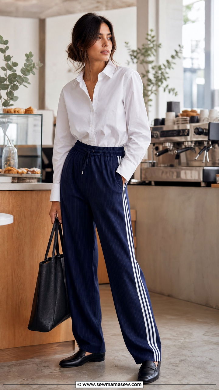 Track pants with crisp button down shirt and loafers - 30 classy sporty chic outfits