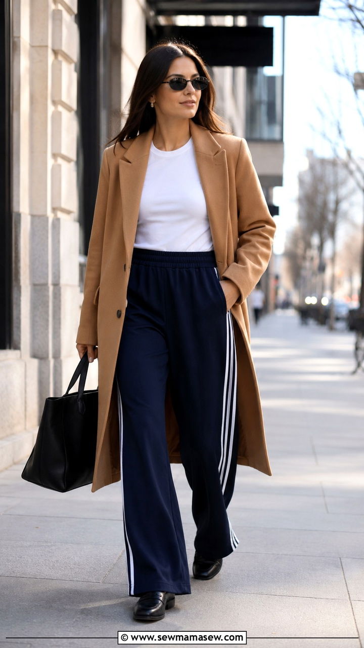Track pants with structured wool coat and leather loafers - 30 spring running errands outfit ideas