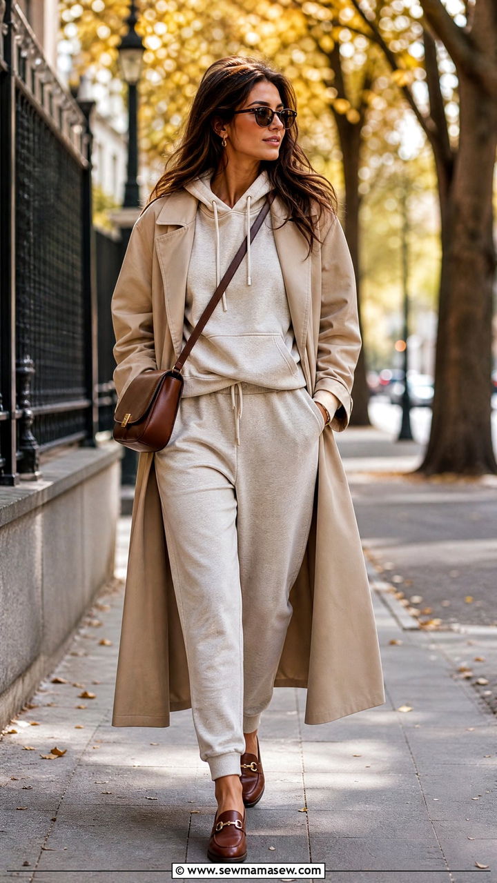 Tracksuit with Trench Coat and Loafers - 30 classy sporty chic outfit ideas