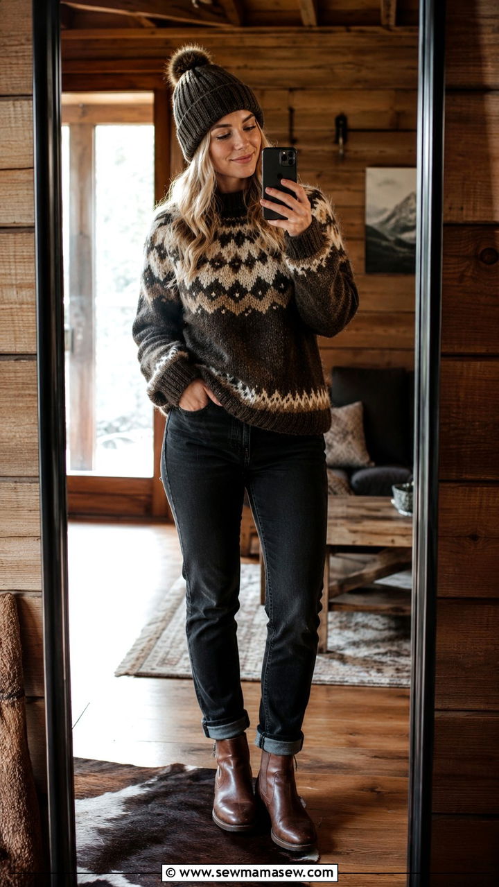 Traditional Lopapeysa Sweater with Dark Jeans and Boots - 30 Iceland outfit ideas