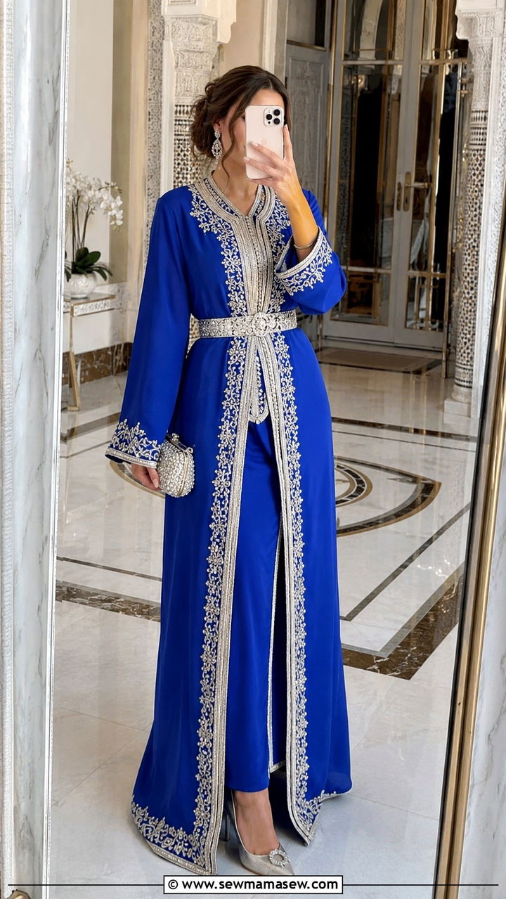 Traditional Two Piece Takchita in Royal Blue and Silver - 25 Wedding guest outfit ideas Moroccan wedding