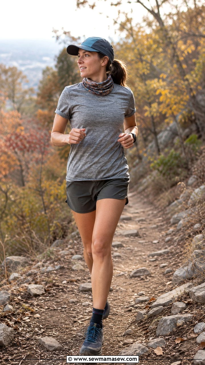 Trail running outfit with buff neck gaiter and hat - 30 Trail running outfit ideas