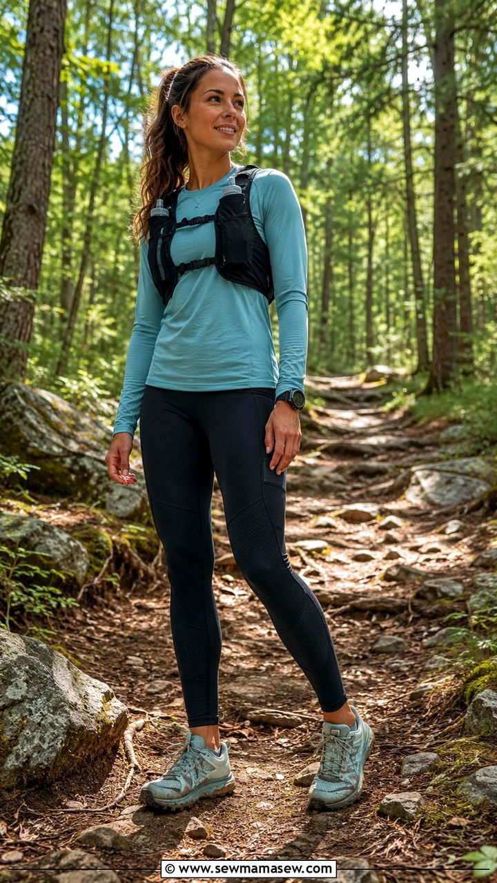 Trail running shoes and durable tights with hydration vest - 30 Running outfit ideas for beginners