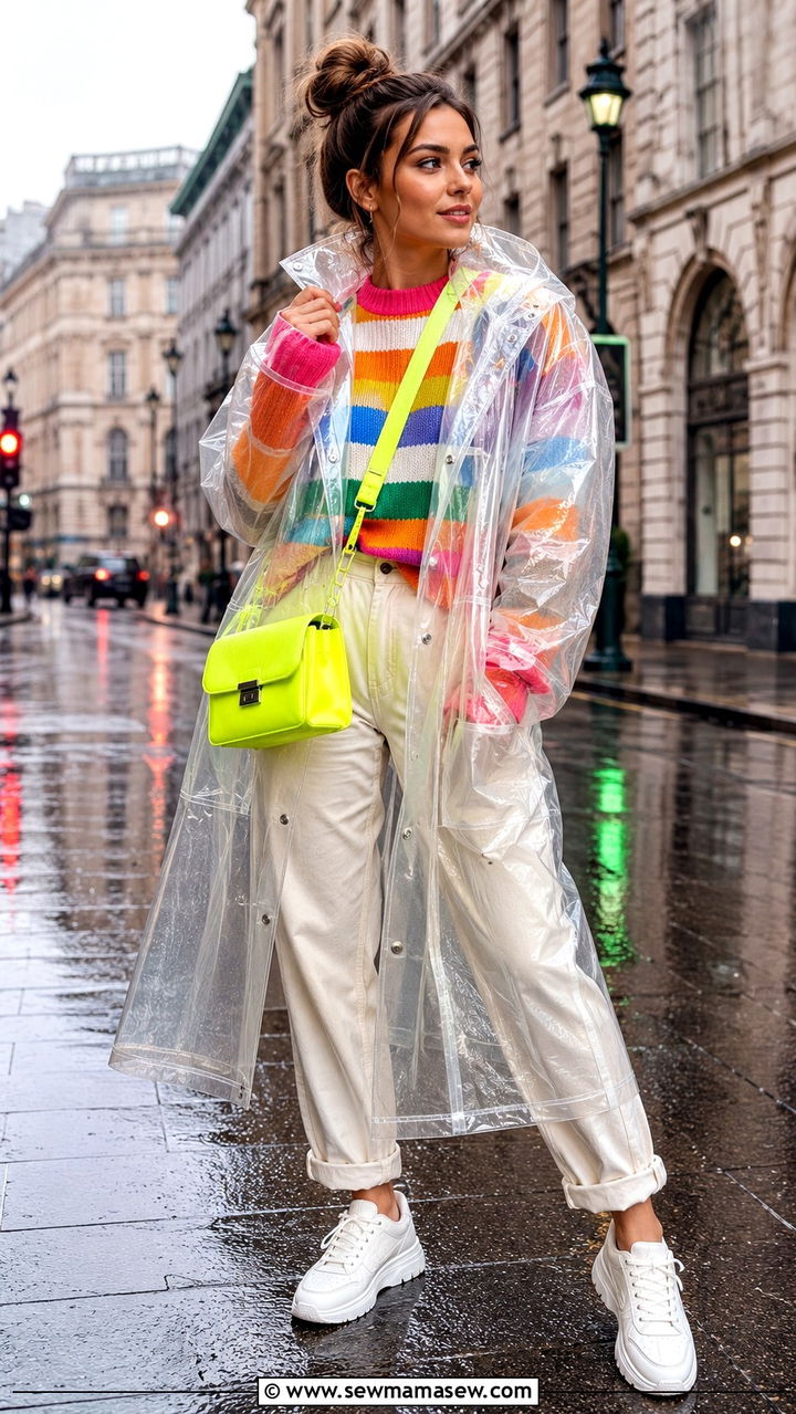 Transparent PVC Raincoat with Bright Layers - 30 Rainy vacation outfit ideas