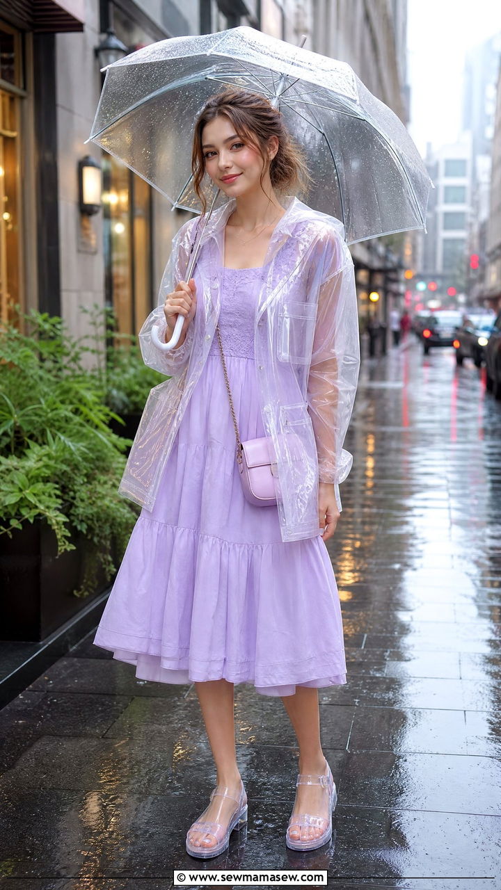 Transparent Rain Jacket Over Pastel Dress - 30 summer rainy day outfit ideas
