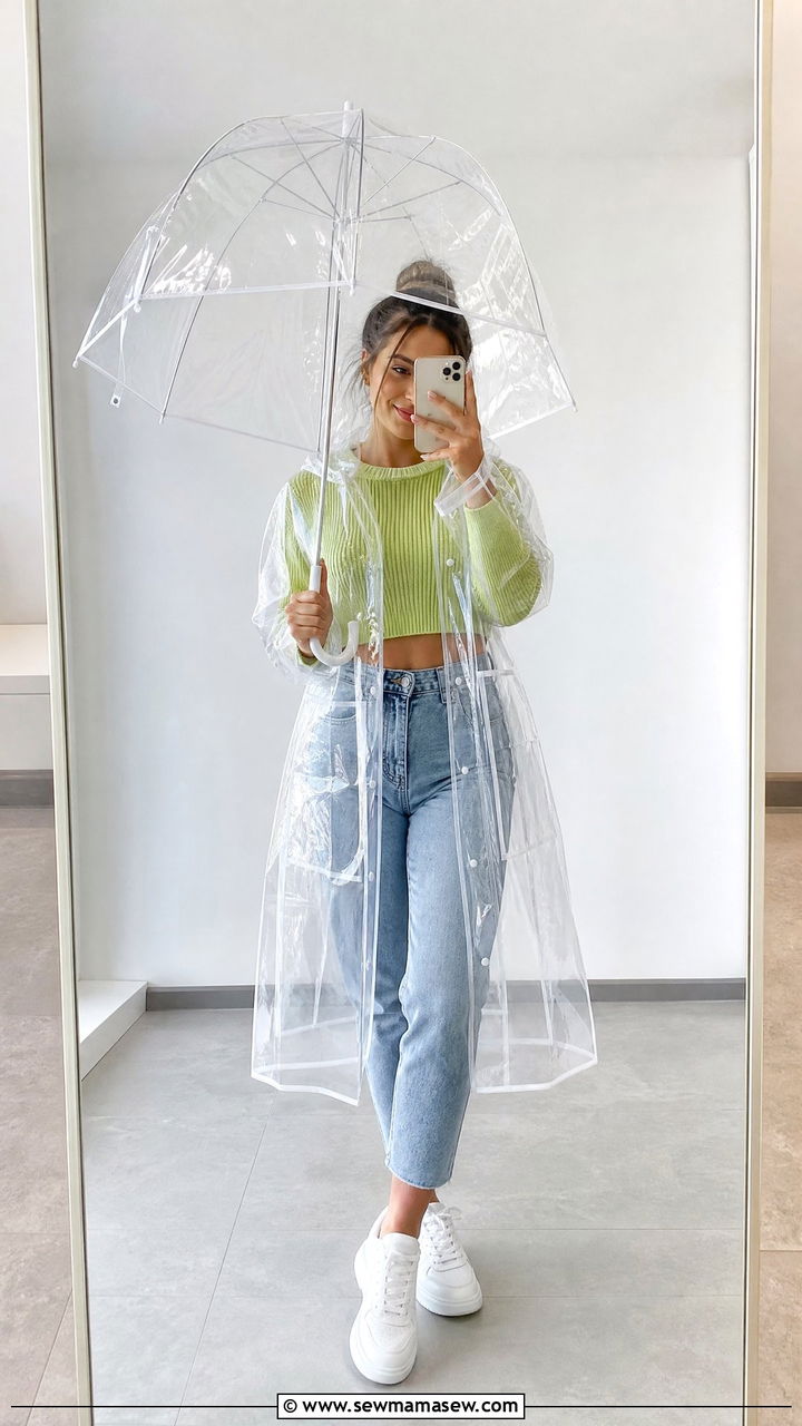 Transparent Raincoat Over Bright Layers Spring Rain Outfit - 25 Spring rain outfit ideas