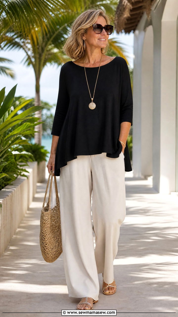 Trapeze Top With Palazzo Pants Outfit - 20 Outfit ideas for inverted triangle over 40