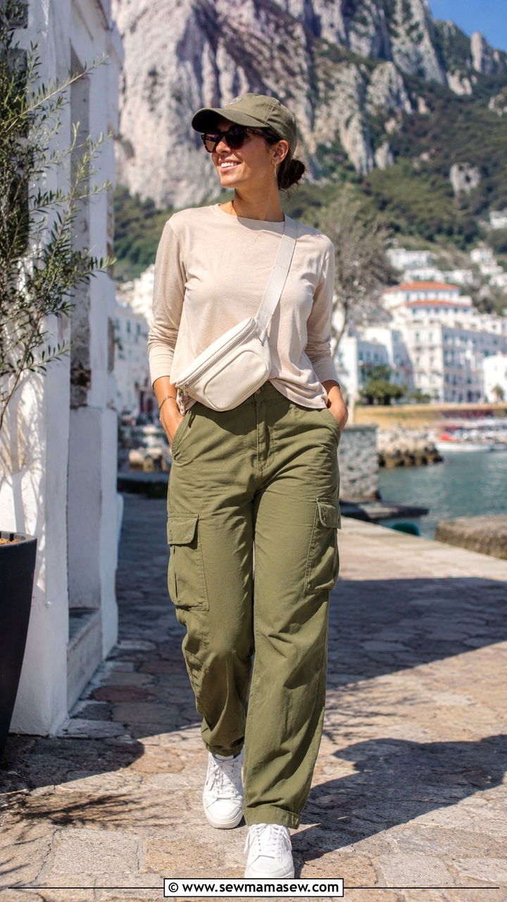 Travel Outfit With Cargo Pants and Long Sleeve Top - 25 travel outfits Pinterest