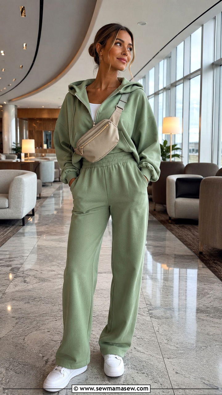 Travel Outfit With Co ord Loungewear Set and Trainers - 25 travel outfits Pinterest
