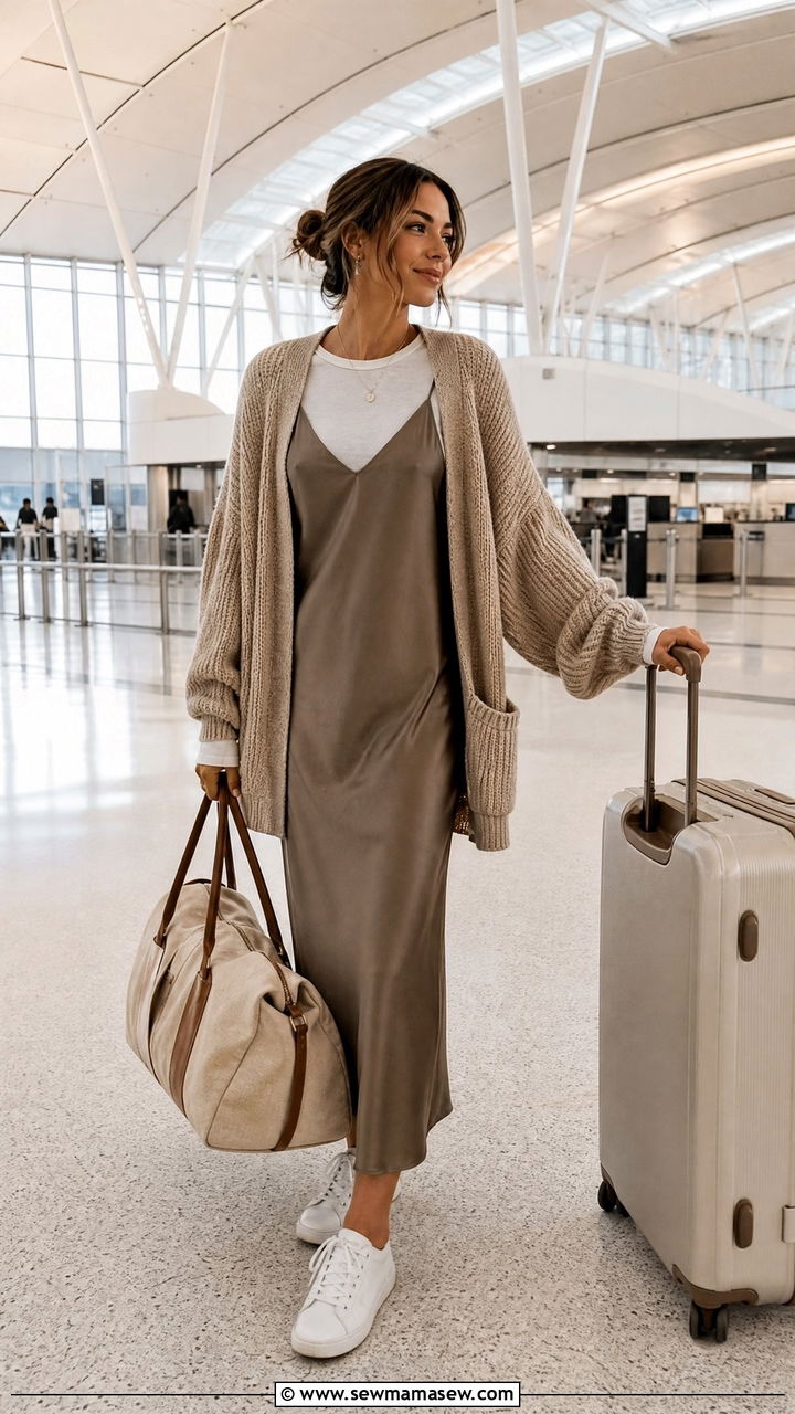 Travel day slip dress with layered lightweight knits - 25 How to style a slip dress for travel