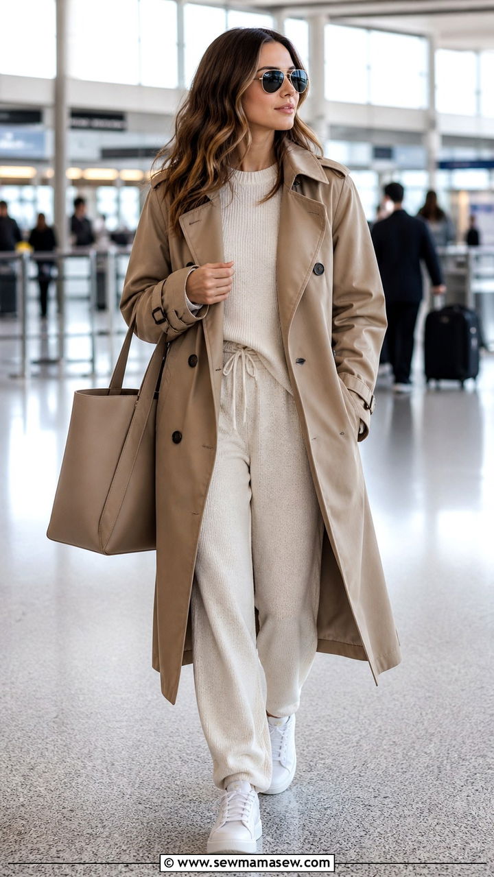 Trench Coat Airport Travel Outfit with Sneakers - 40 trench coat outfit ideas