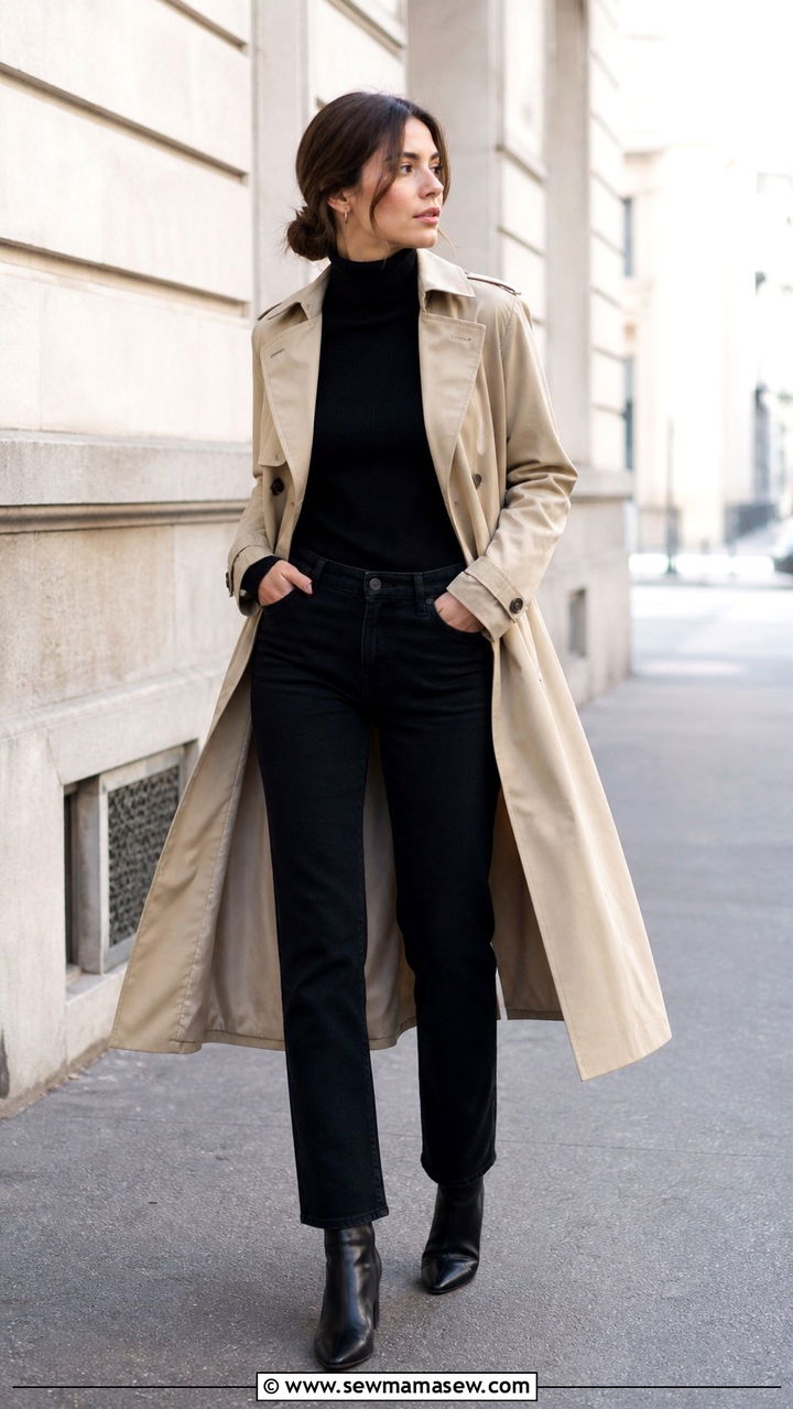 Trench Coat All Black Monochrome Outfit - 40 trench coat outfit ideas