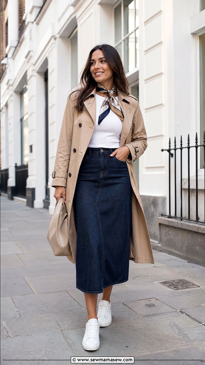 Trench Coat And A Denim Skirt Transitional Look - 35 How to style a denim skirt