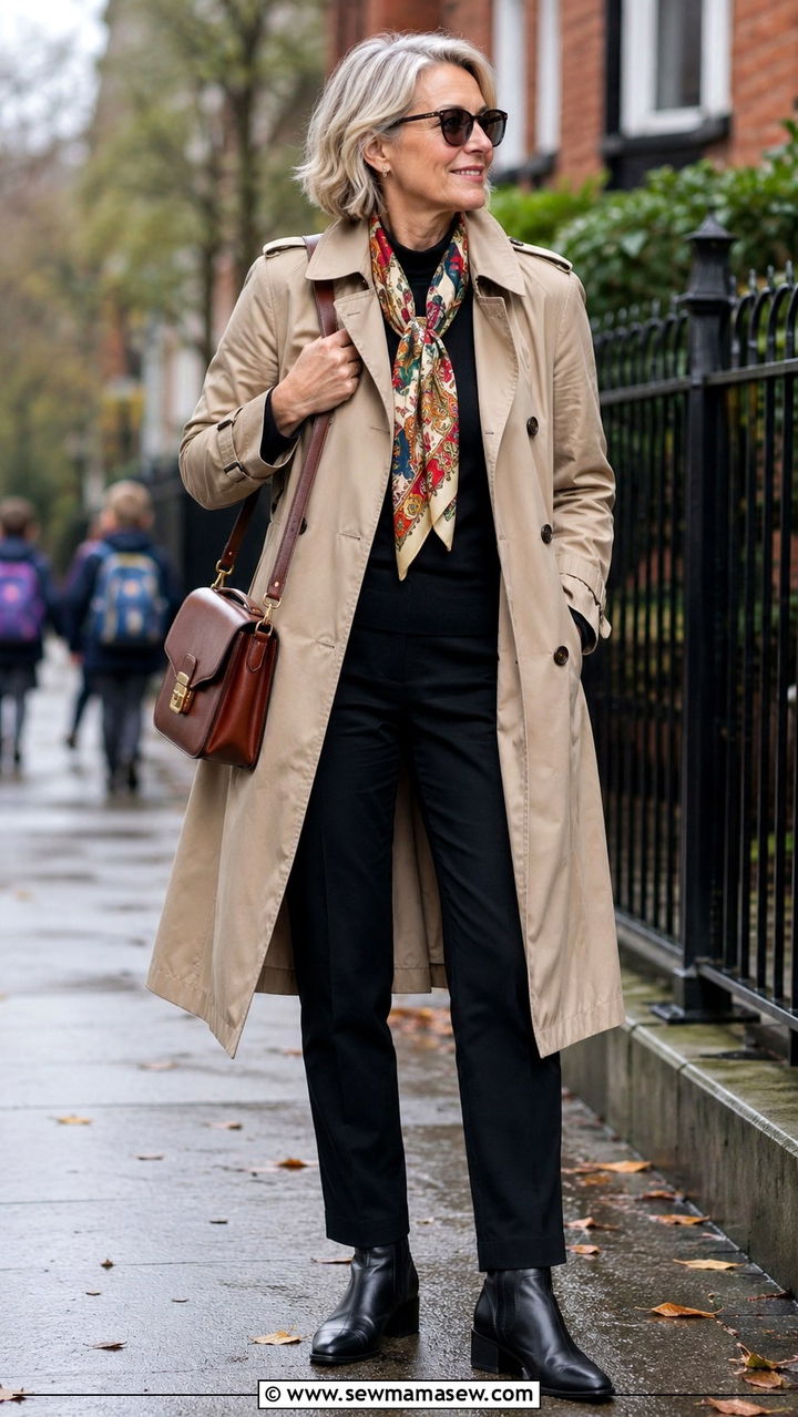 Trench Coat And Black Pants School Drop Off - 30 Outfit ideas for women over 50 school drop off