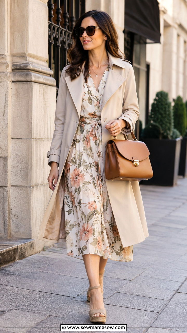 Trench Coat And Floral Dress With Wedges - 30 Spring outfits with wedges