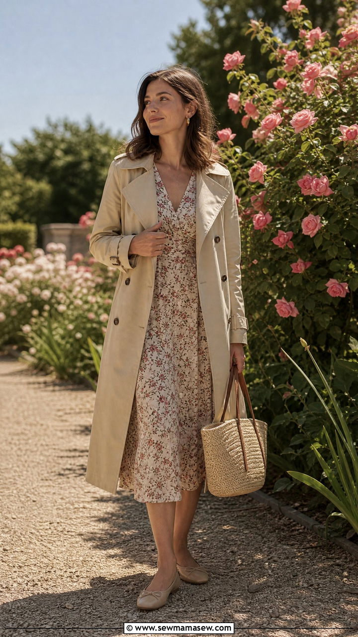 Trench Coat And Floral Midi Dress With Gold Hoops - 25 French girl outfit ideas with gold hoops