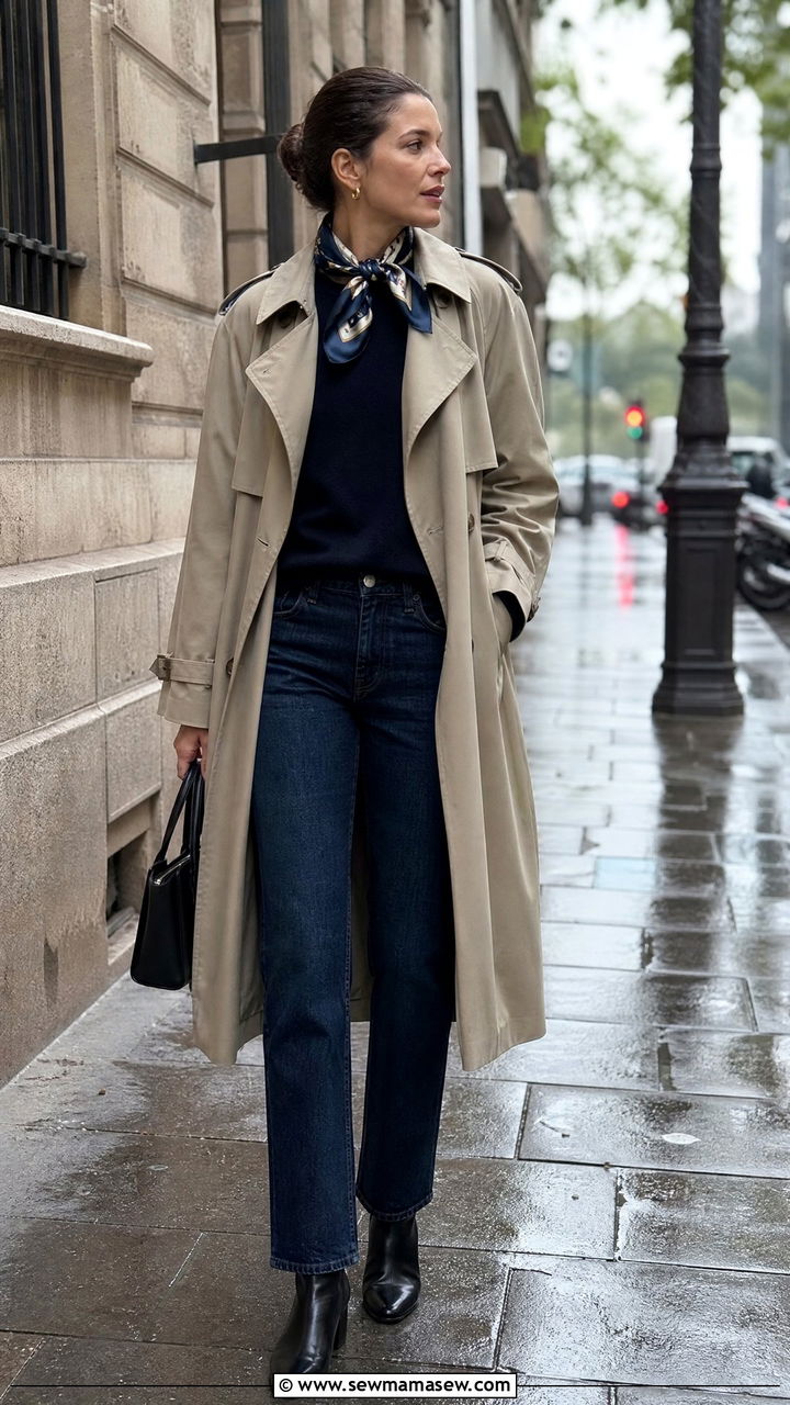 Trench Coat And Straight Leg Jeans Outfit - 25 Carry on only outfit ideas