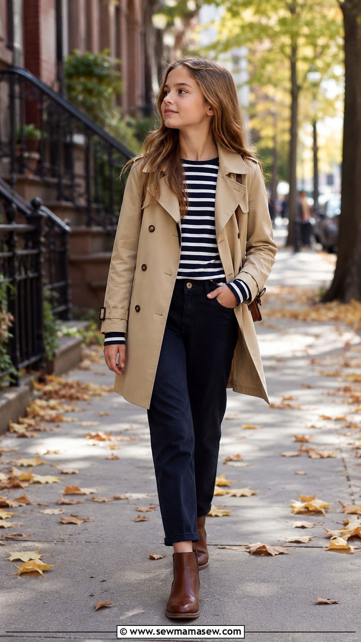 Trench Coat And Striped Tee Preppy Tween Outfit - 30 Tween outfit ideas preppy