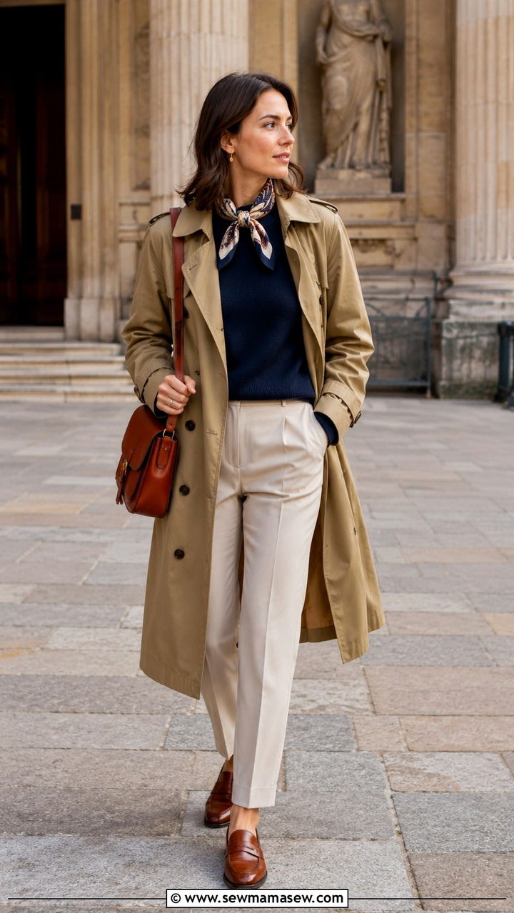 Trench Coat And Tailored Pants With Leather Satchel - 30 Spring outfits with bags