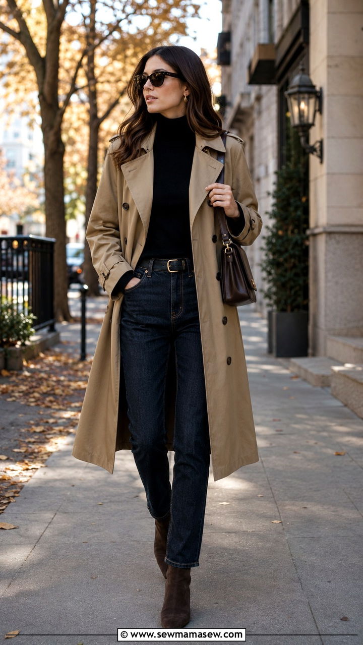 Trench Coat And Turtleneck Fall Travel Look - 25 seasonal travel outfit ideas