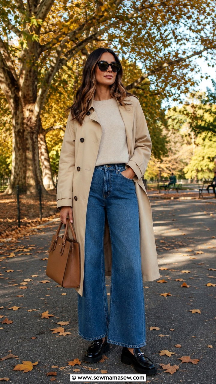 Trench Coat And Wide Leg Jeans With Loafers - 25 Wide leg jeans outfit ideas with loafers