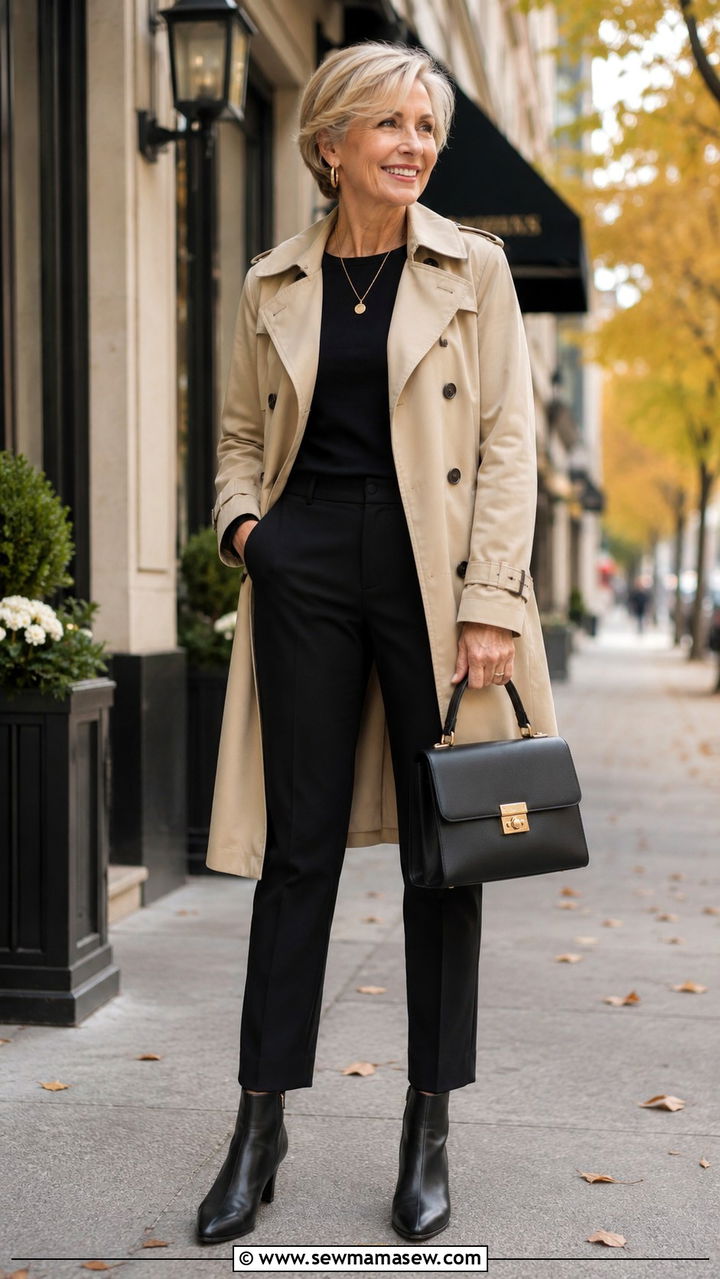 Trench Coat Black Pants - 30 Cute outfits for women over 50
