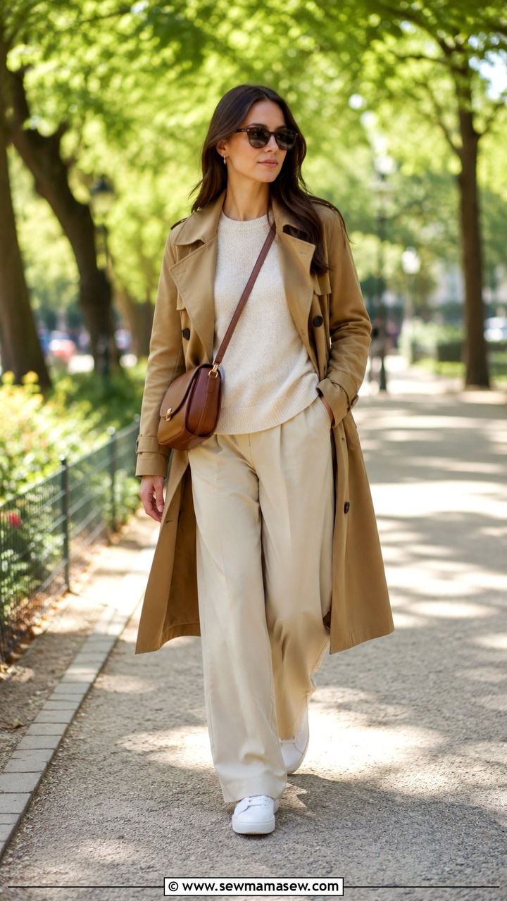 Trench Coat Cashmere Sweater Wide Leg Trousers - 30 model off duty capsule wardrobe outfits