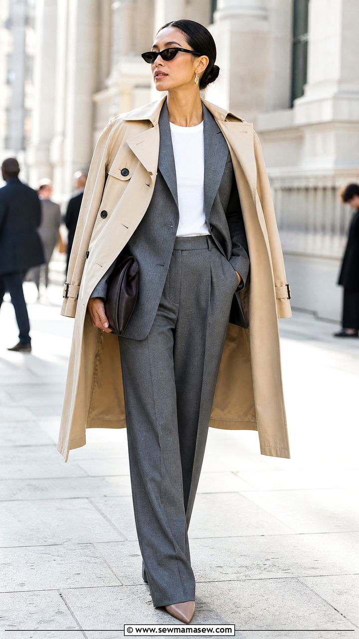 Trench Coat Draped Over Shoulders With A Blazer And Trousers - 35 How to style a trench coat