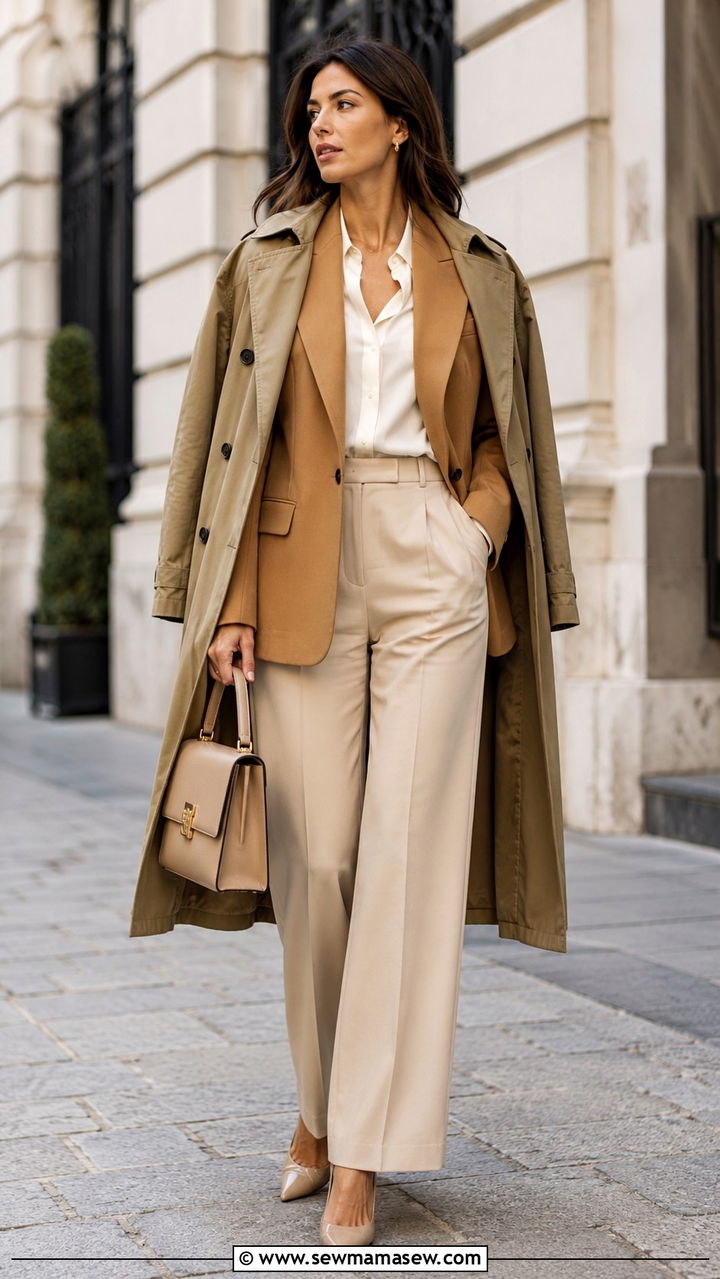 Trench Coat Draped Over Shoulders With Blazer And Trousers - 30 Quiet luxury outfit ideas with trench coat