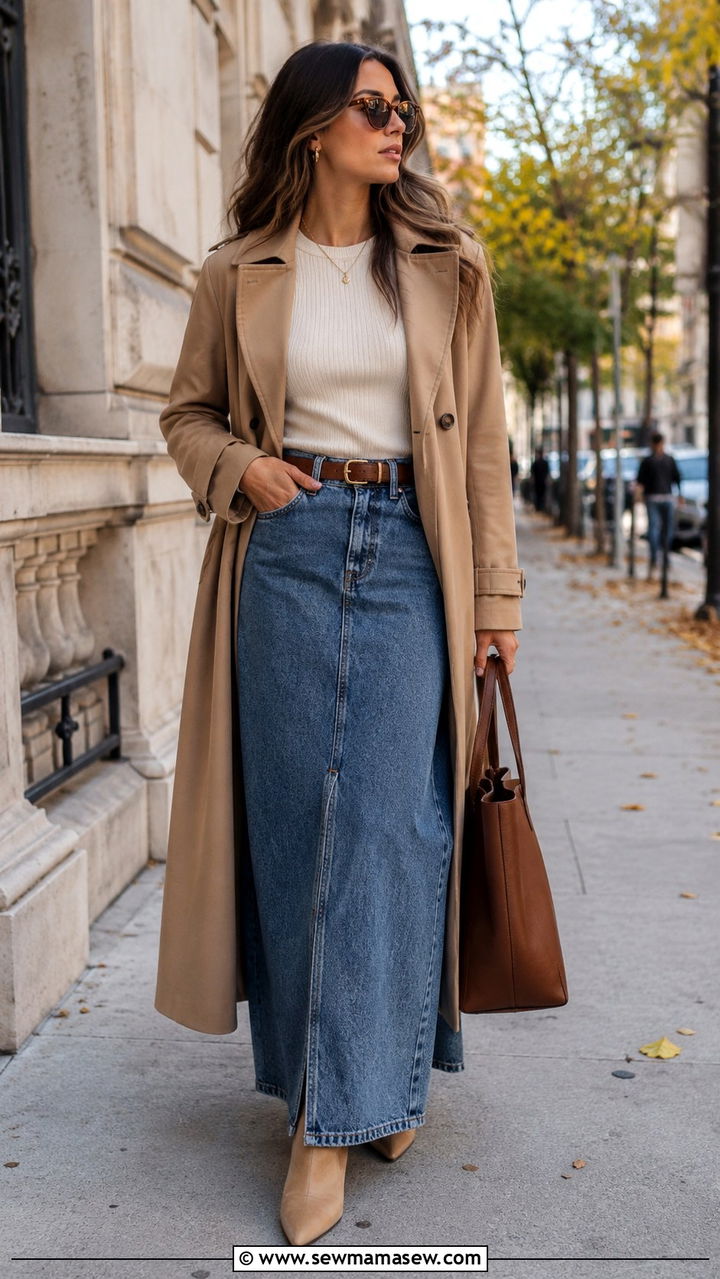 Trench Coat Fitted Knit Top and Pointed Boots With a Denim Maxi Skirt - 30 denim maxi skirt outfit ideas