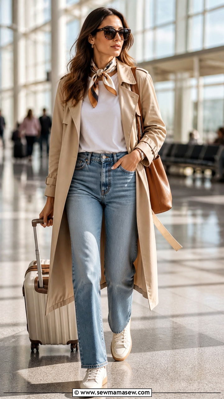 Trench Coat Jeans And Tee Airport Outfit - 40 Spring airport outfits