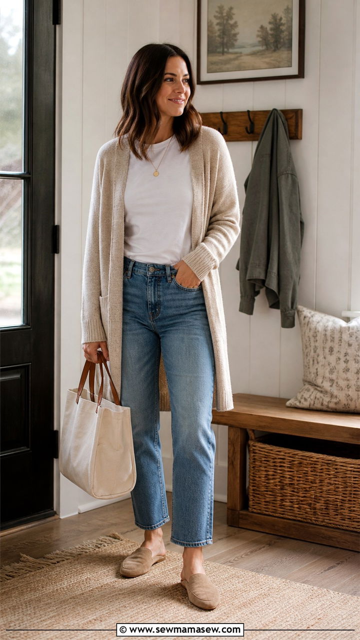 Trench Coat Layered Over Knit Sweater and Jeans - 40 First day of spring outfits