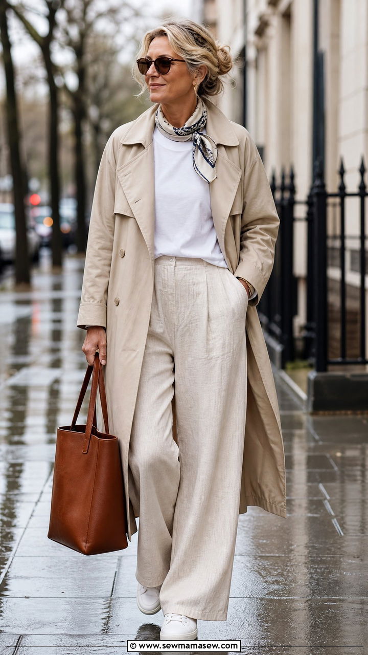 Trench Coat Layered Over Linen Outfit - 30 coastal grandmother outfit ideas for women over 40