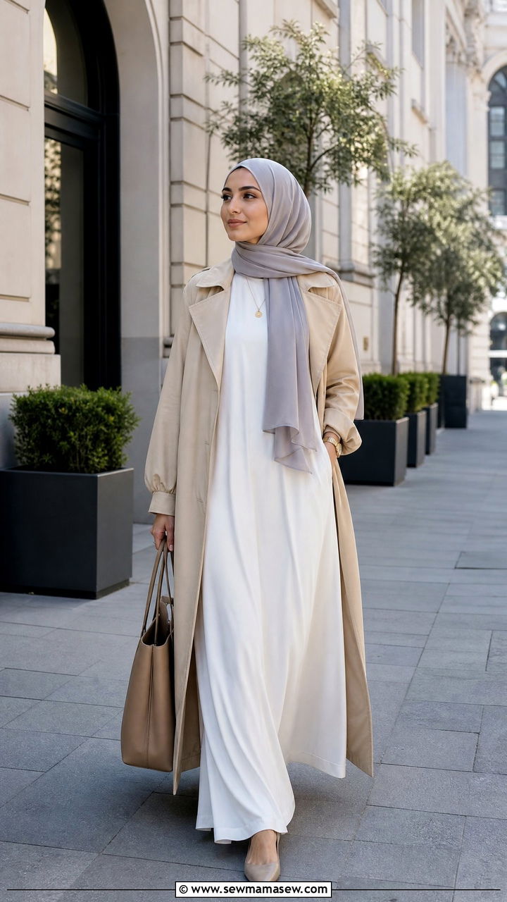 Trench Coat Layered Over Maxi Dress - 30 Eid outfit ideas for hijabis