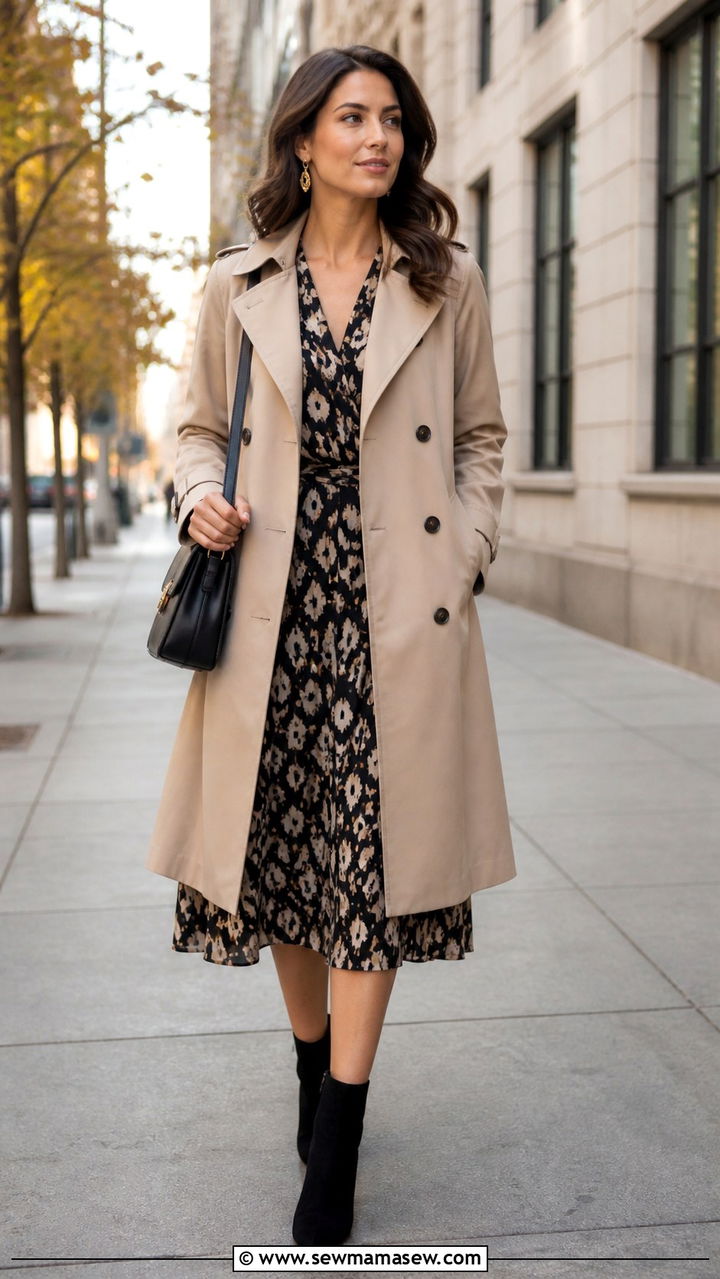 Trench Coat Layered Over Midi Dress With Ankle Boots - 40 work outfits