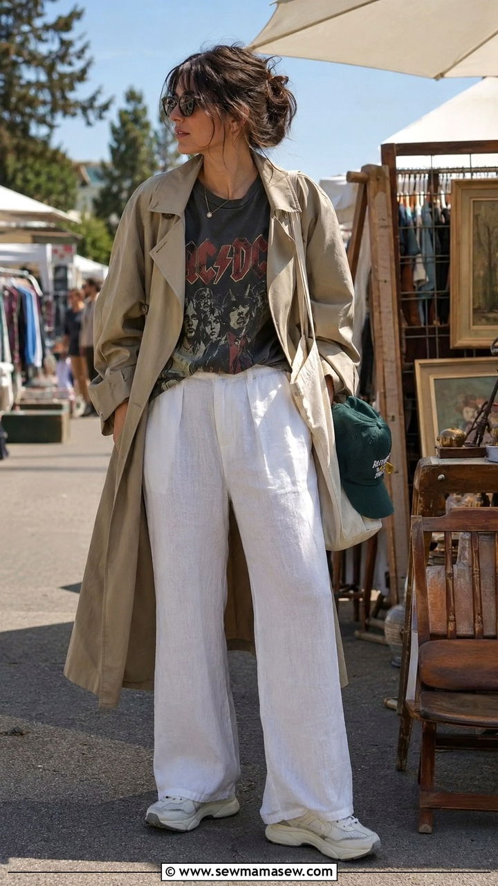 Trench Coat Linen Pants Graphic Tee Outfit - 25 Wide leg linen pants outfit ideas with a trench coat