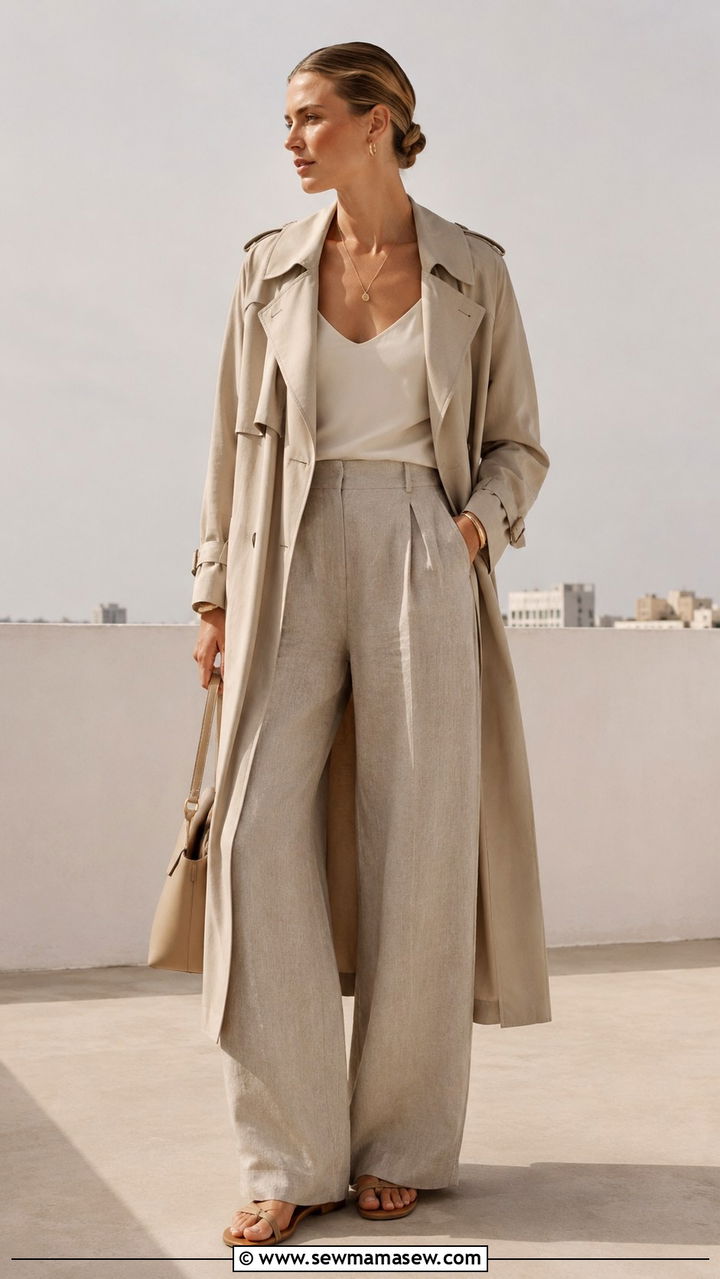Trench Coat Linen Pants Monochrome Outfit - 25 Wide leg linen pants outfit ideas with a trench coat