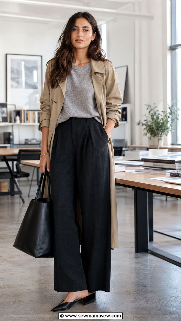 Trench Coat Linen Pants Mules Outfit - 25 Wide leg linen pants outfit ideas with a trench coat