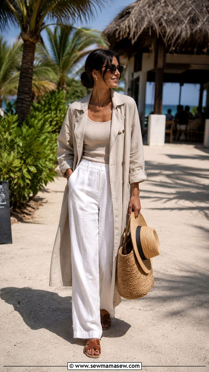 Trench Coat Linen Pants Sandals Outfit - 25 Wide leg linen pants outfit ideas with a trench coat